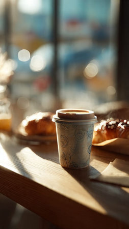 Cup of coffee and croissants in cafe, closeupの写真素材