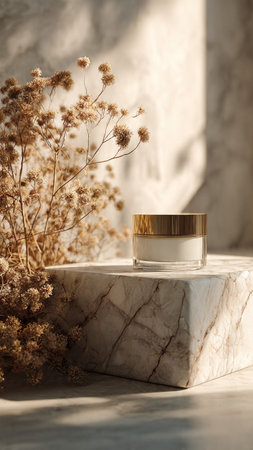 Cosmetic cream bottlele podium with dried flowers in the sunlight.の写真素材