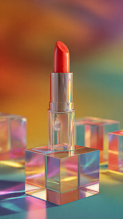 Red lipstick on a background of colorful cubes. 3d rendering.の写真素材