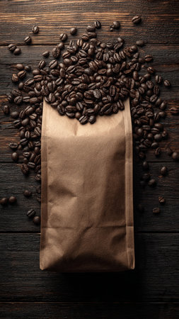 Coffee beans in brown paper bag on dark wooden background.の写真素材