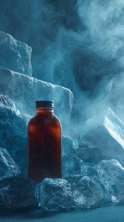 Amber bottle on ice cubes with smoke and fog on the backgroundの写真素材
