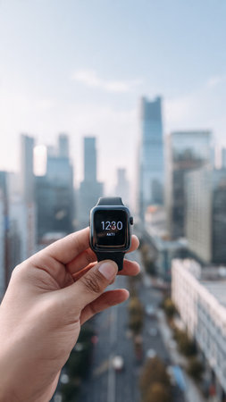 Close-up of a man's hand holding a fitness tracker against the background of the city.の写真素材