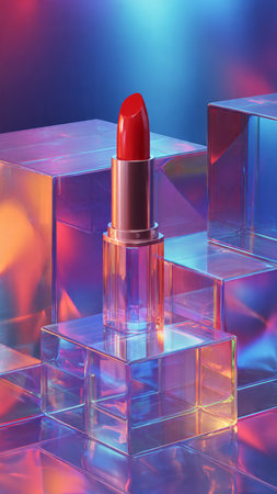 Lipstick on a blue background. 3d rendering. Studio shot.の写真素材