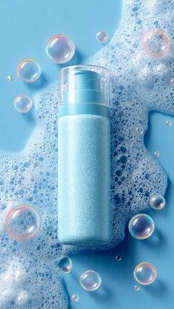 cosmetic bottle with foam and soap bubbles on blue background, top viewの写真素材