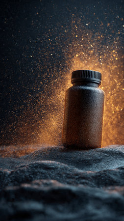 Sport nutrition concept. Sports nutrition bottle on sand with copy space.の写真素材