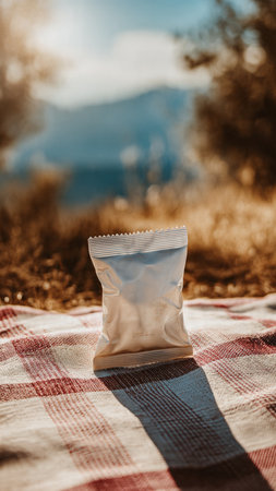 Crumpled packet on picnic blanket. Selective focus.の写真素材