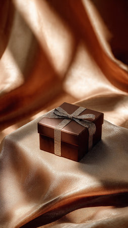 Gift box on golden satin background. Copy space for text.の写真素材