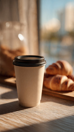Coffee to go and croissants on table in cafeの写真素材