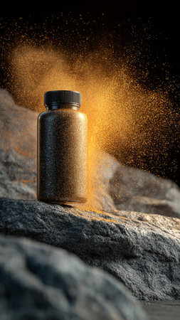 Bottle with powder on stone background. Fitness and healthy lifestyle concept.の写真素材