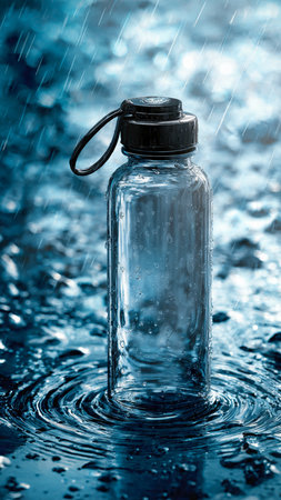bottle of water on a dark blue background with splashes and dropsの写真素材
