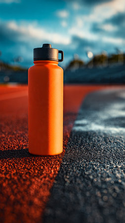 Orange sport water bottle on the running track at sunset. Sport conceptの写真素材