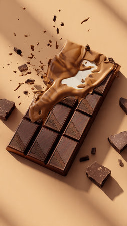 Pieces of chocolate with a splash of melted chocolate on a beige backgroundの写真素材