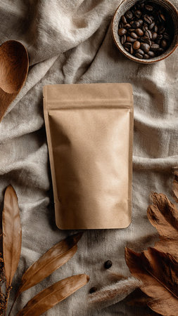 Coffee beans in a brown paper bag and coffee spoon on a linen backgroundの写真素材