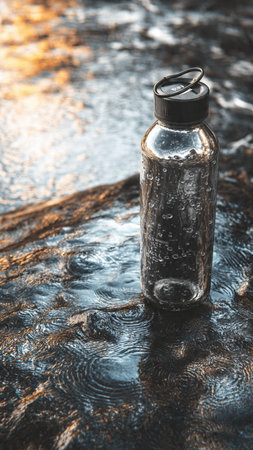 A glass bottle with water droplets on a surface with water at sunset.の写真素材