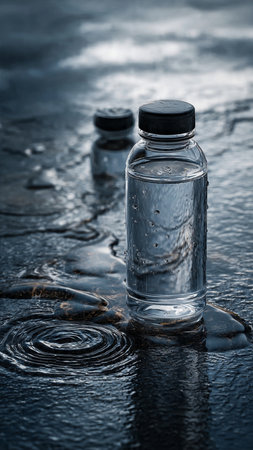 Bottle of water on wet asphalt with drops. Toned.の写真素材