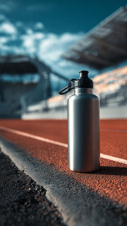 Sports bottle on the racetrack. Concept of healthy lifestyle.の写真素材
