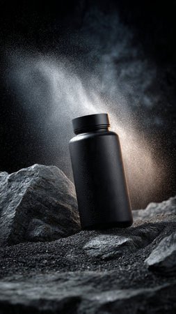Bottle with black cap on stone background with falling powder.の写真素材
