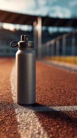 Sport water bottle on the running track. Fitness and healthy lifestyle concept.の写真素材