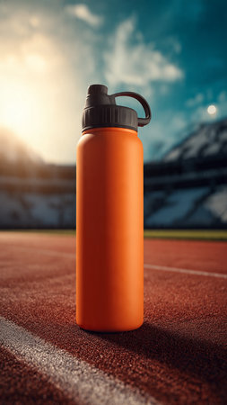 Orange sport bottle on the stadium track. 3d render. Sport conceptの写真素材