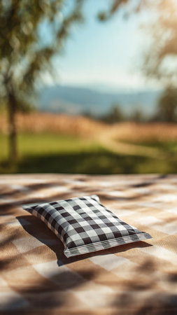 Picnic tablecloth in front of a beautiful view of the countrysideの写真素材