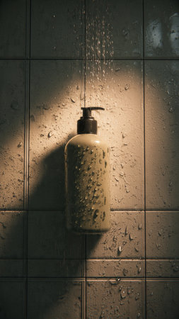Soap dispenser in the shower. Shallow depth of field. Toned.の写真素材