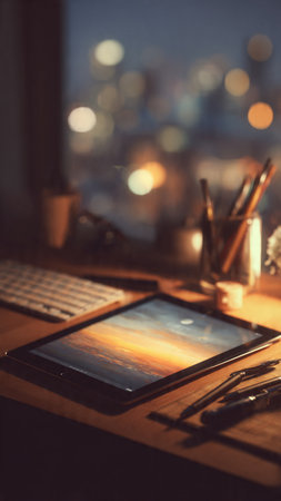 Working place with tablet on wooden table in home office. Blurred backgroundの写真素材