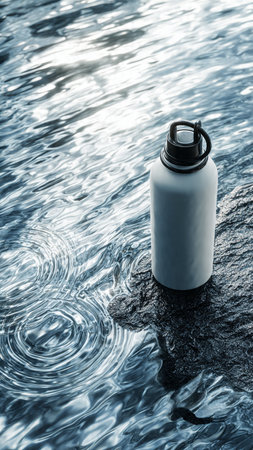 Cosmetic bottle on a rock in the water with ripples.の写真素材