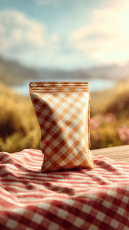 Coffee bag on the table with nature background. Vintage style.の写真素材