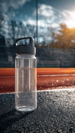 Bottle of water on the running track at sunset. Sport conceptの写真素材