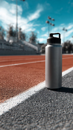 Sport water bottle on the racetrack. 3d rendering.の写真素材