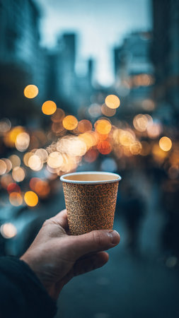 Coffee cup in the hand of a man in the cityの写真素材