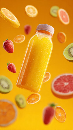 Bottle of fruit smoothie with flying fruits on yellow background.の写真素材