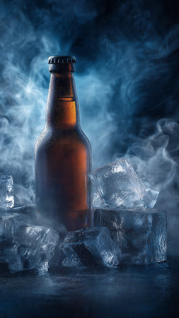Cold beer bottle with ice cubes on dark blue background. Copy space.の写真素材