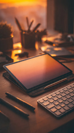 Close up of tablet and other office supplies on wooden table at sunsetの写真素材