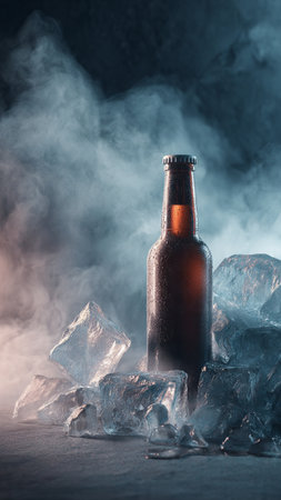 bottle of beer in ice on black background with smoke and fogの写真素材