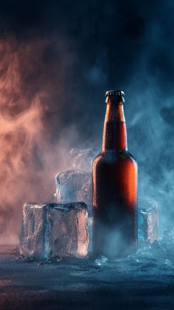 Bottle of beer and ice cubes on dark background with smoke.の写真素材