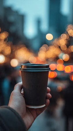 A man holds a paper cup of coffee on the background of the city.の写真素材