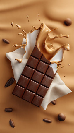 Chocolate bar with caramel and coffee beans on beige background, top viewの写真素材