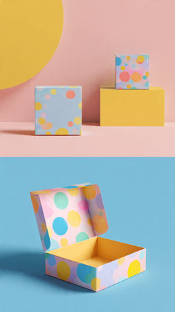 Set of colorful gift boxes on blue and pink background. 3d renderingの写真素材