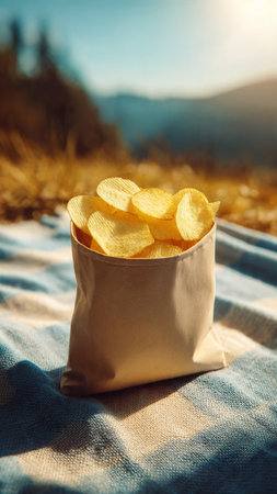 Potato chips in a paper bag on the background of the mountainsの写真素材