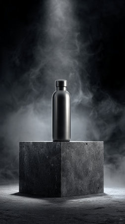 Metal bottle on concrete pedestal with smoke on black background. 3d renderingの写真素材