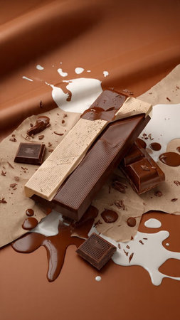 Pieces of chocolate with milk and chocolate splashes on brown backgroundの写真素材