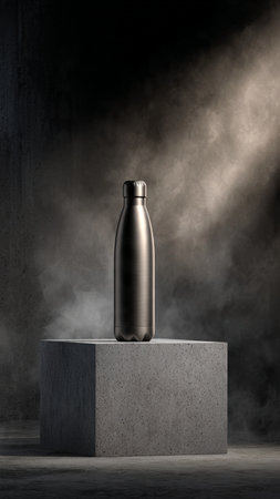 Cosmetic bottle on concrete podium with smoke on dark background. 3D renderingの写真素材