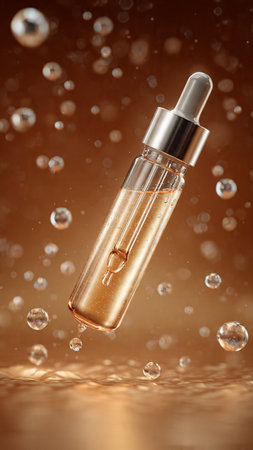 Dropper bottle with serum and bubbles on a brown background. 3d renderingの写真素材