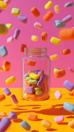 Colorful candies in glass jar on orange and pink background.の写真素材