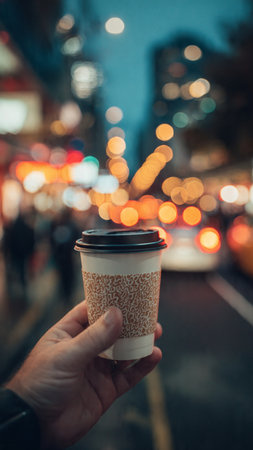 Coffee cup in hand on background of night city street.の写真素材