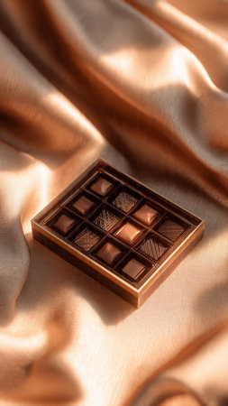 Chocolate box on satin background with soft light and shadows.の写真素材