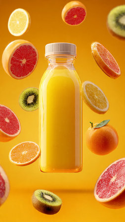 Bottle of fresh orange juice with falling fruits on yellow background.の写真素材