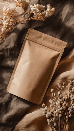 Brown paper bag with dry flowers on fabric background. Top view.の写真素材