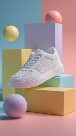 Pair of white sneakers on multicolored background with geometric shapesの写真素材
